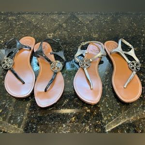 Two pairs of Tory Burch, rhinestone embellished, logo sandals.